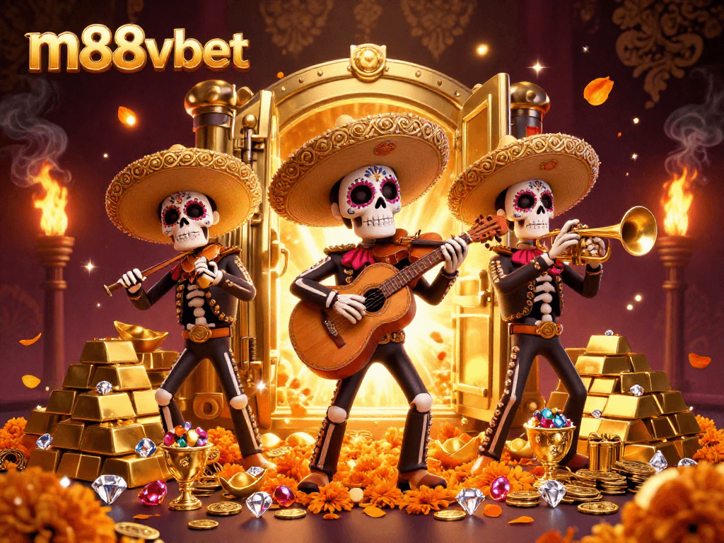 Experience the thrill of m88vbet with a captivating illustration of a mariachi band amidst a treasure vault bursting with riches.