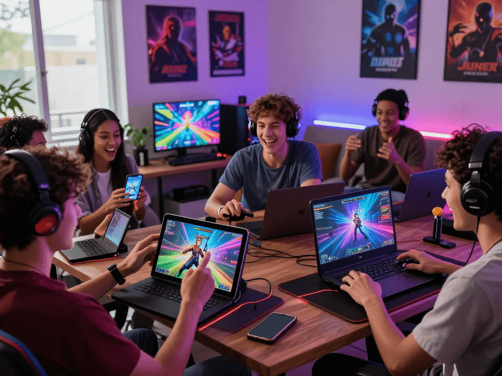 Friends playing porn ganes on various devices in a vibrant gaming room environment.