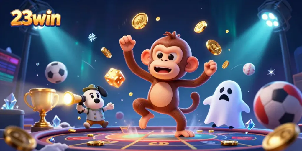 Engage with 23win's thrilling casino experience as a playful monkey juggles golden gaming elements