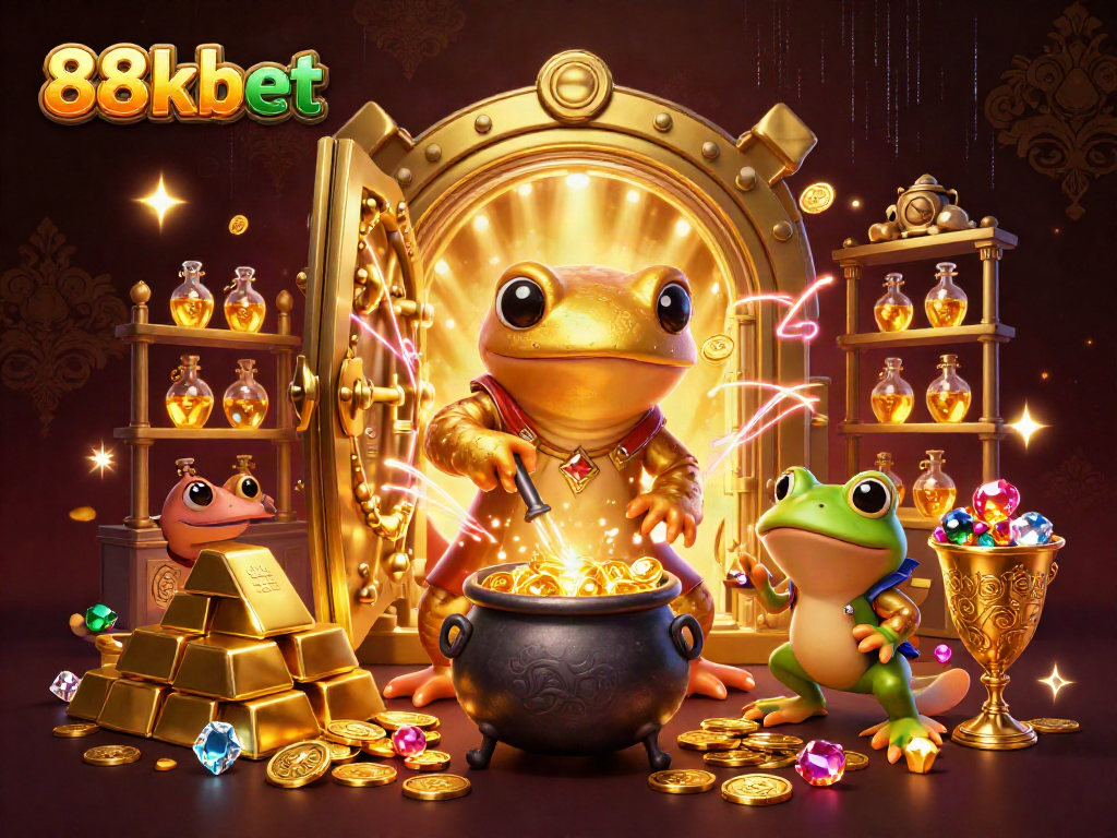 Experience the excitement of 88kbet with enchanted alchemists crafting gold in a vibrant casino scene.