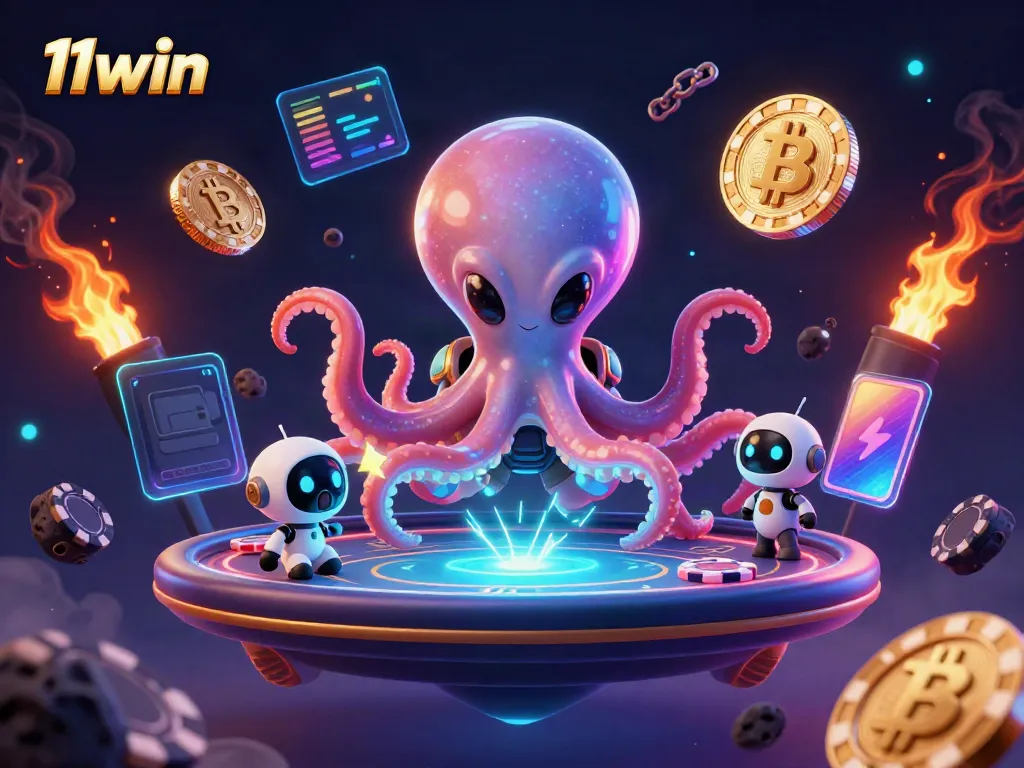 Engage in action at 11win's captivating digital casino with a cosmic octopus and robot, amidst dazzling crypto elements.