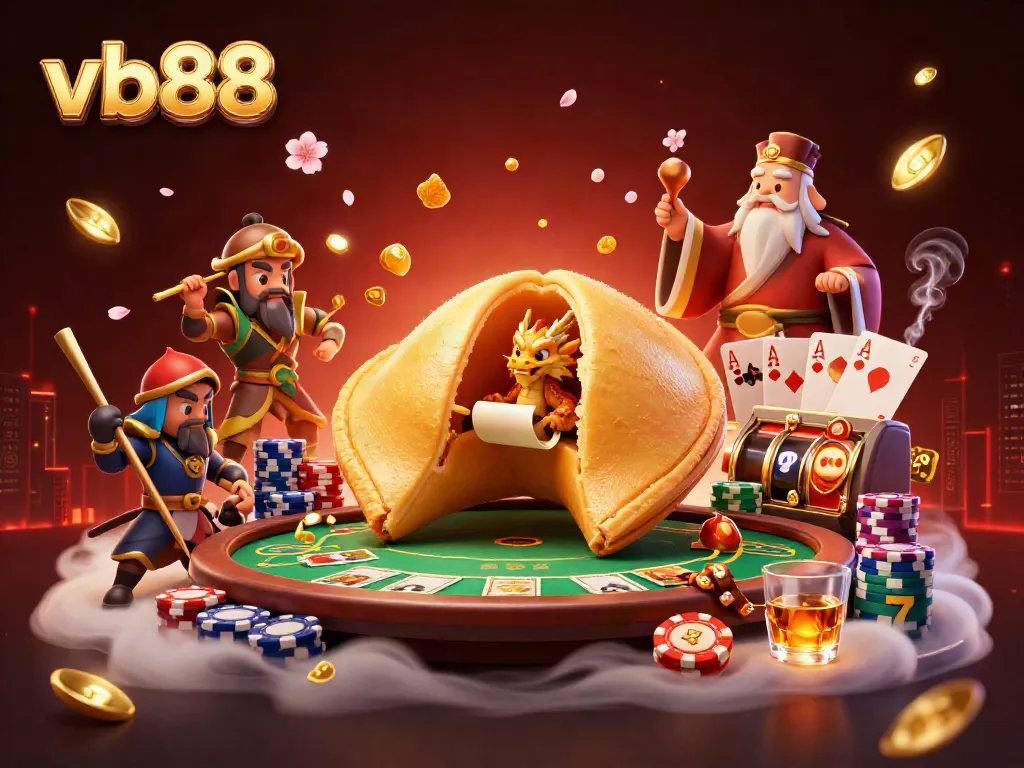 Engage with lucrative jackpots at vb88 in a bustling casino scene with golden fortune cookie characters.