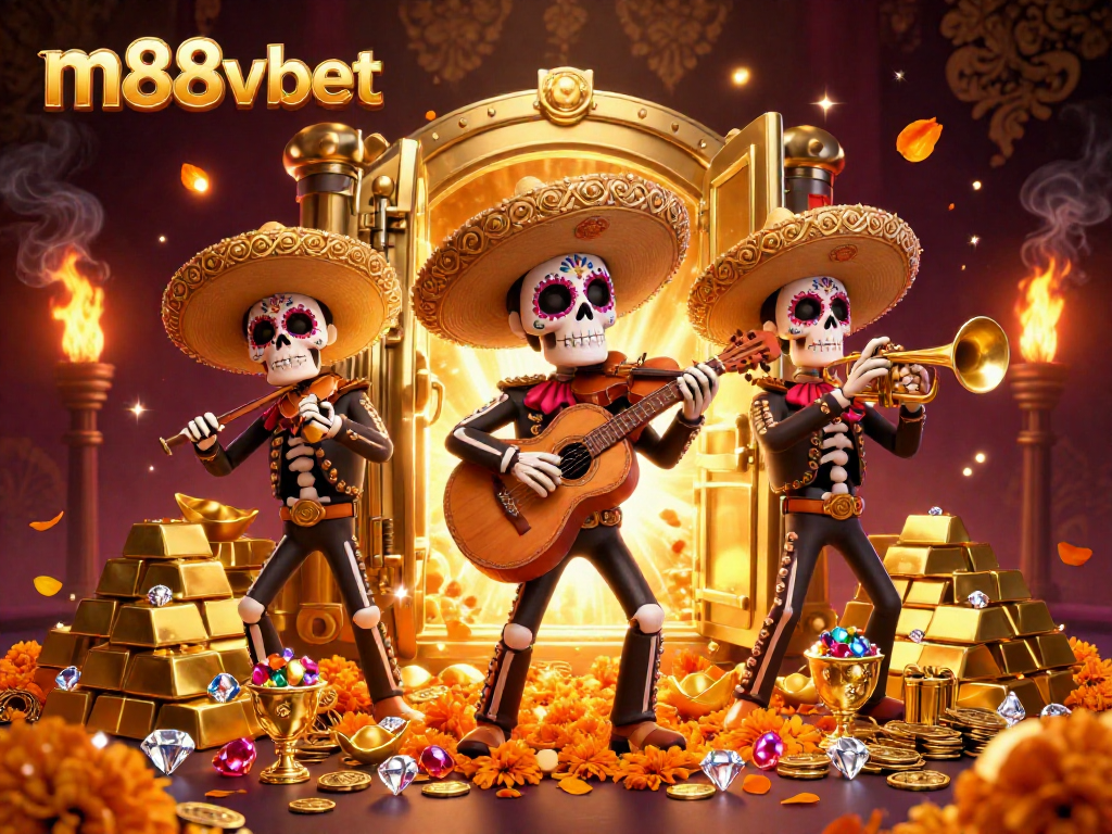 Experience the thrill of m88vbet with a captivating illustration of a mariachi band amidst a treasure vault bursting with riches.