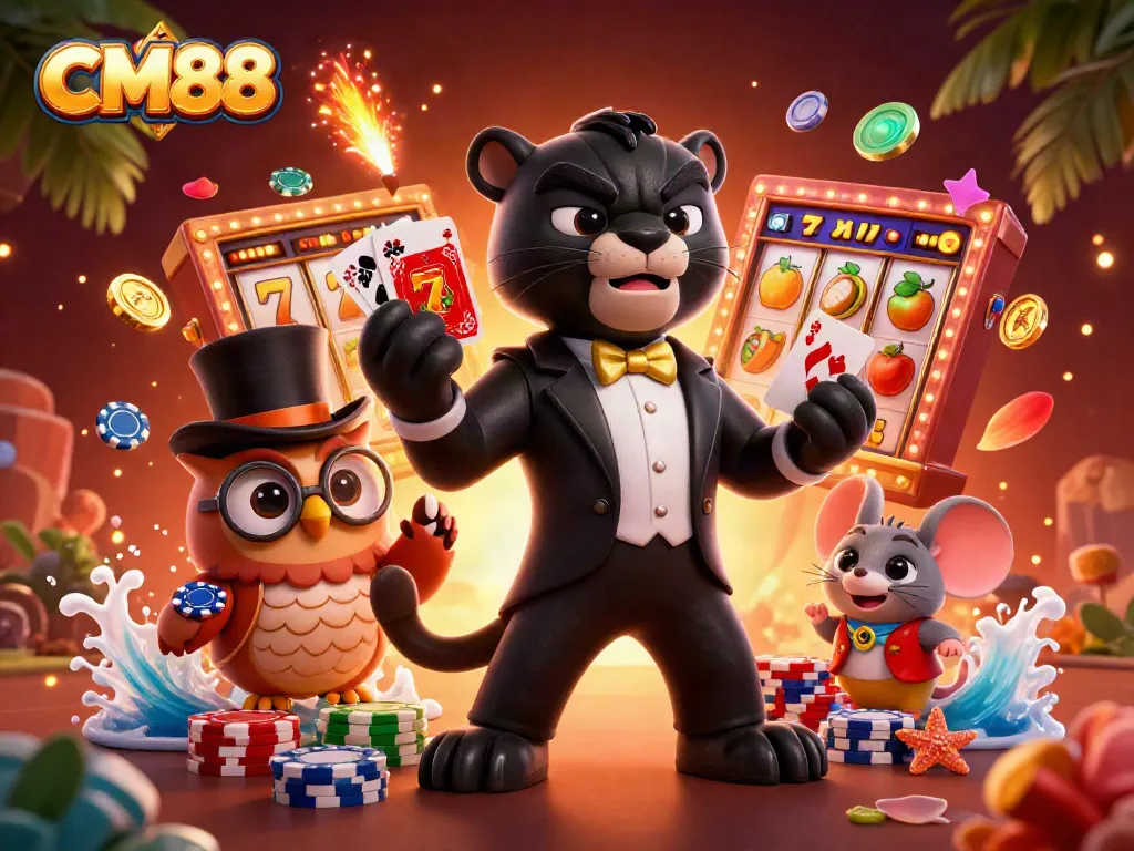 Experience thrilling gaming at CM88 with stylish characters and vibrant casino elements!