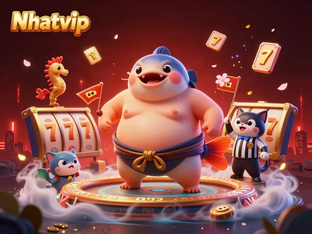 Nhatvip's exciting underwater casino scene featuring a fugu, catfish referee, and lively slot game elements.
