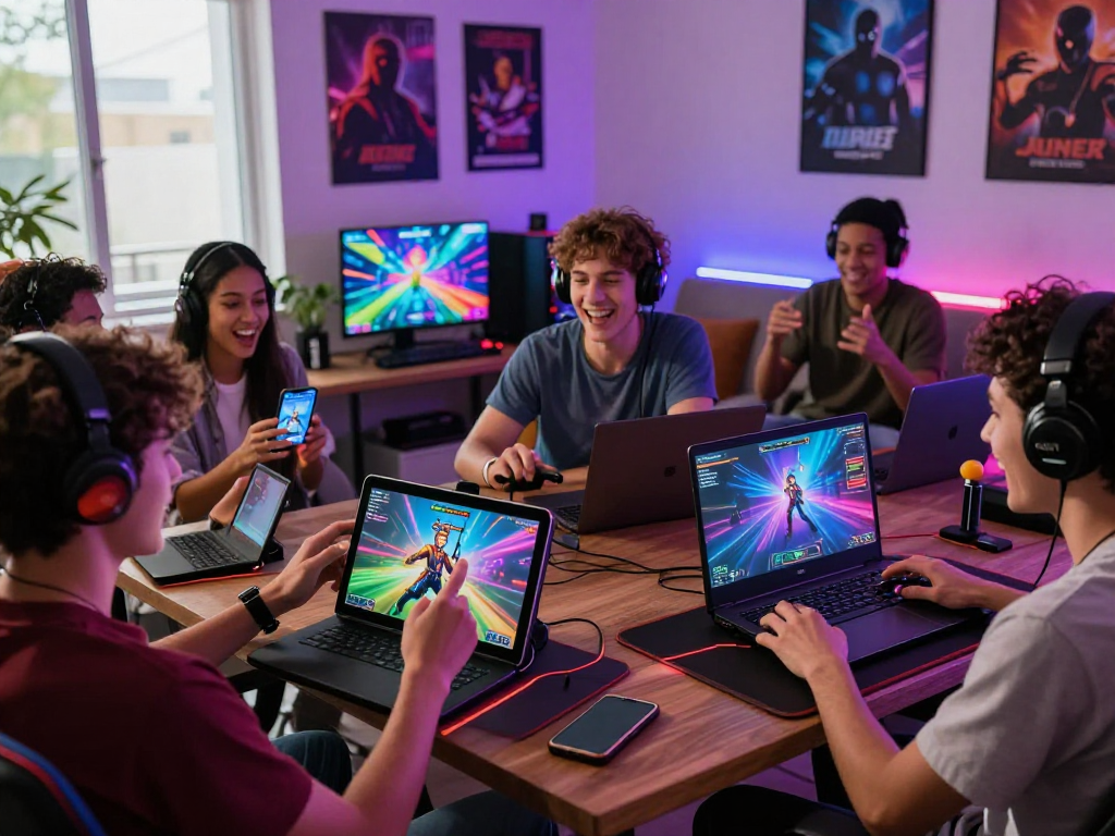 Friends playing porn ganes on various devices in a vibrant gaming room environment.