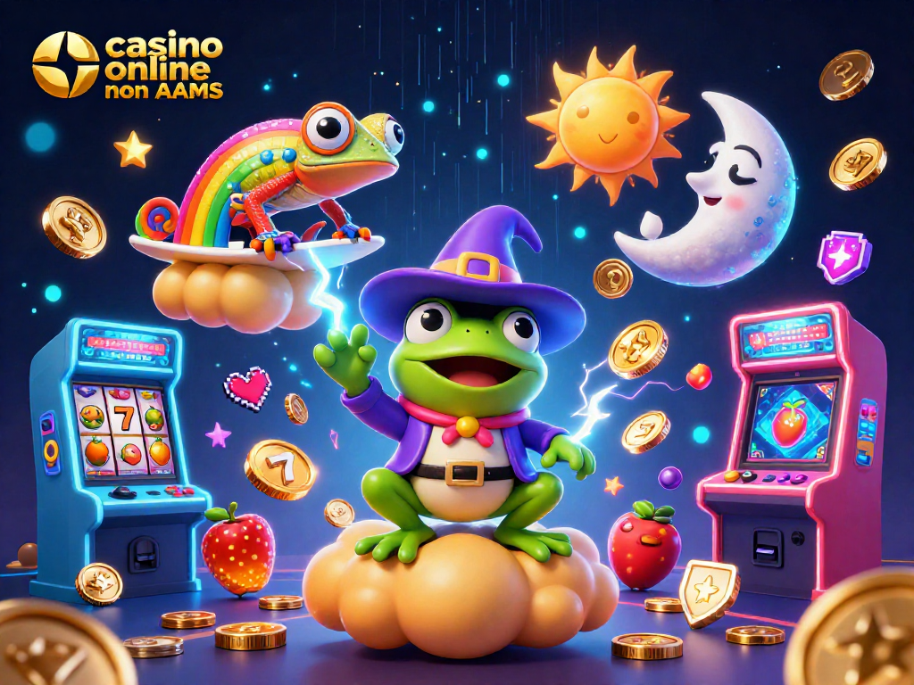 Gioca a casino online non AAMS, con il mago rana e il camaleonte sull'oro in un'atmosfera di gioco vibrante.