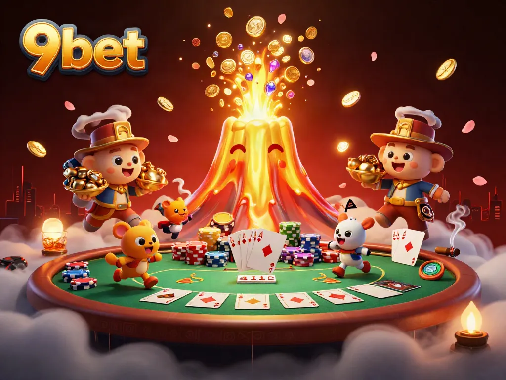 Experience the excitement of 9bet with vibrant casino elements and a triumphant volcano spilling treasure.