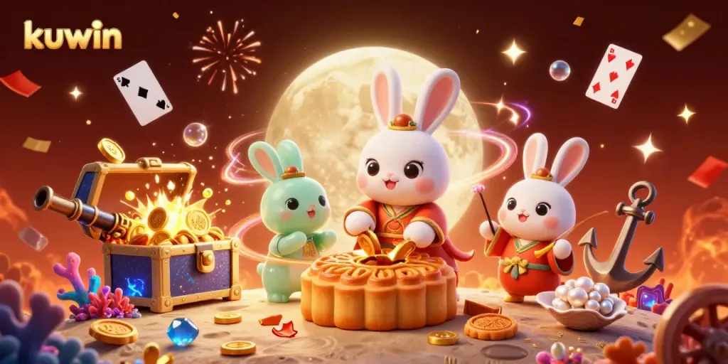Kuwin offers exciting gaming moments as the moon rabbit reveals poker chips amidst rich casino elements in a festive atmosphere.