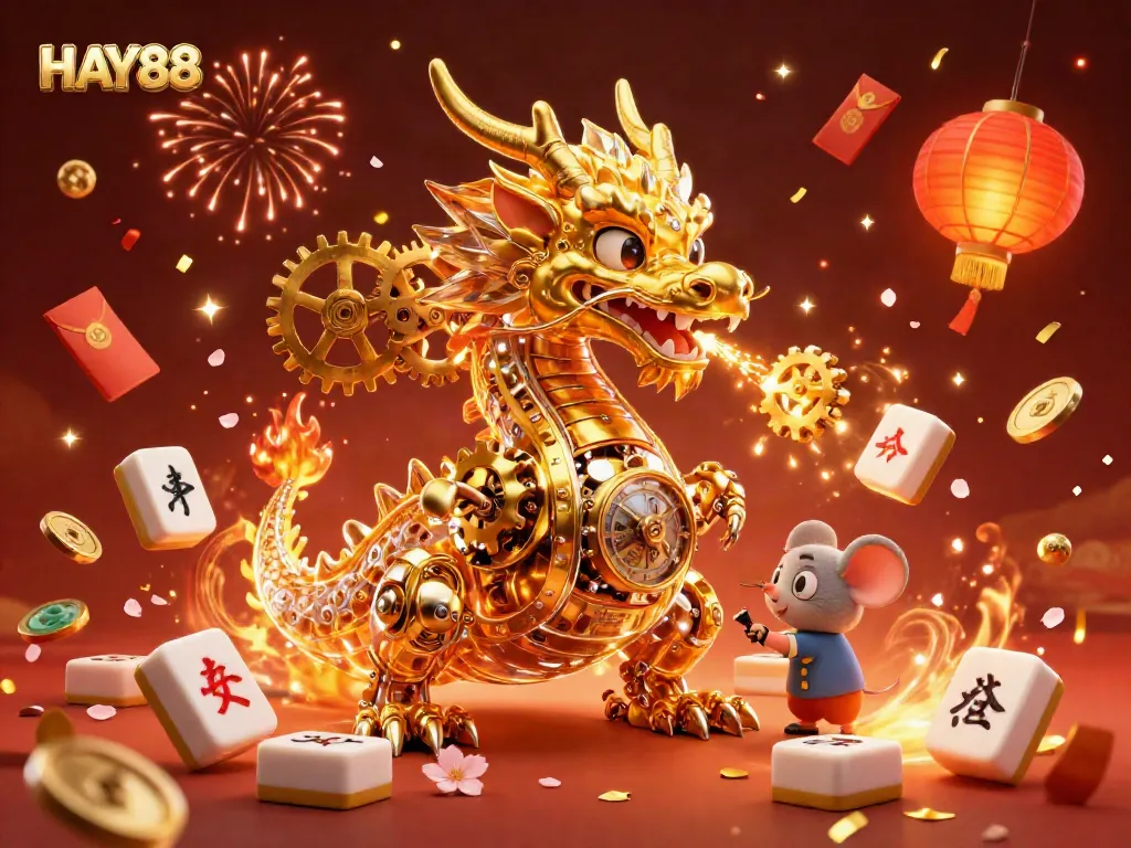Experience the thrilling world of HAY88 with our vibrant 3D casino scene featuring a golden dragon and festive elements.