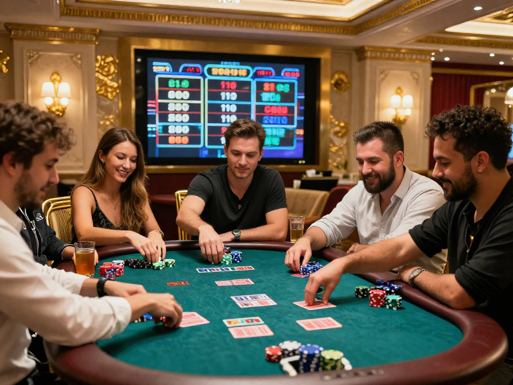 Giocatori entusiasti in un casinò online non AAMS, atmosfere lussuose e divertenti.