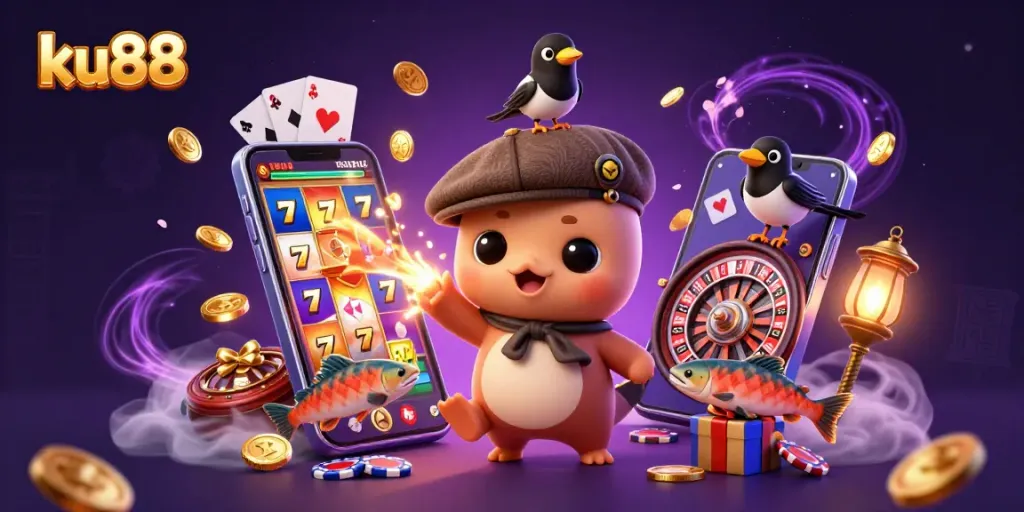 Engage with ku88's vibrant casino scene featuring charming characters and dynamic gaming elements.