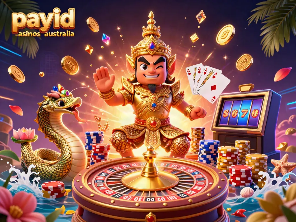 Experience instant deposits at payid casinos australia with this vibrant casino-themed illustration showcasing magical guardians and gold.