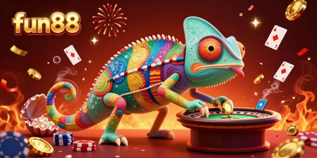 Catch fun88's exciting gameplay with a vibrant chameleon casino owner among poker elements.