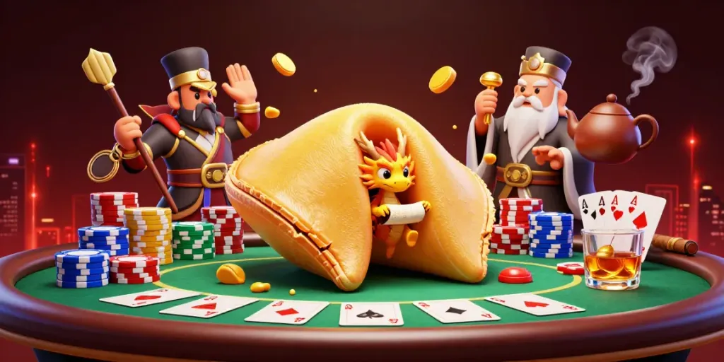 Kuwin's fantastic gaming scene includes a giant golden fortune cookie and wise dragon in a poker setting, radiating excitement.
