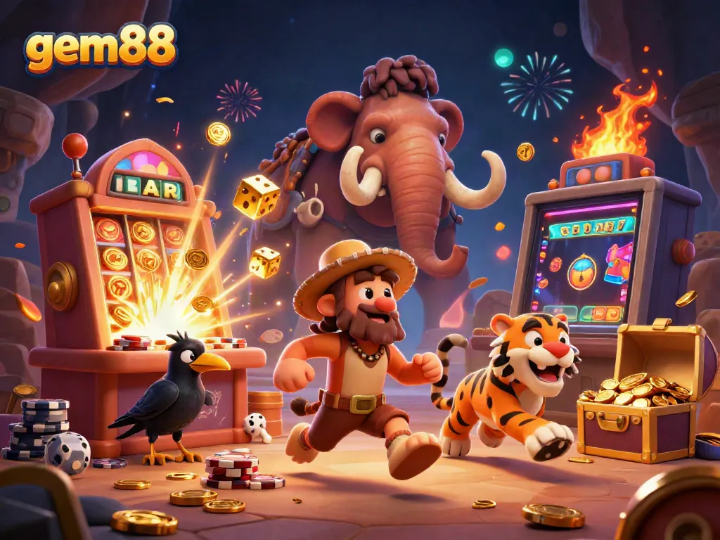 Experience the thrill of gem88 in a vibrant prehistoric casino scene with lively characters and gold treasures.