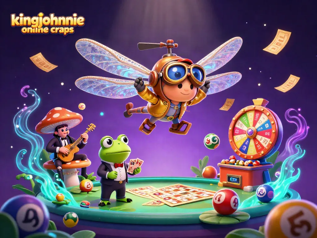 Engage with kingjohnnie online craps through a vibrant 3D illustration of a dragonfly pilot and casino scene.