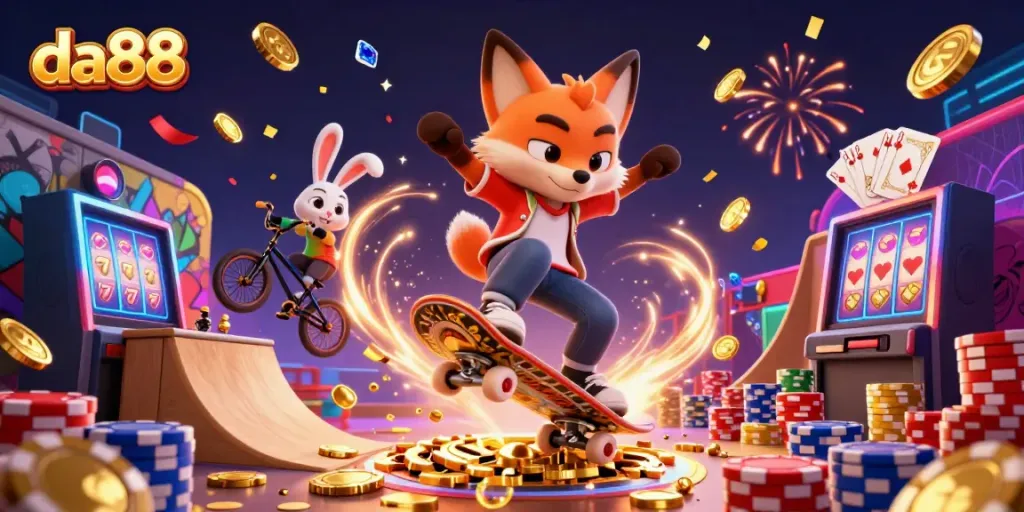 da88 engaging in lively casino fun with cartoon characters amidst golden chips and vibrant game elements