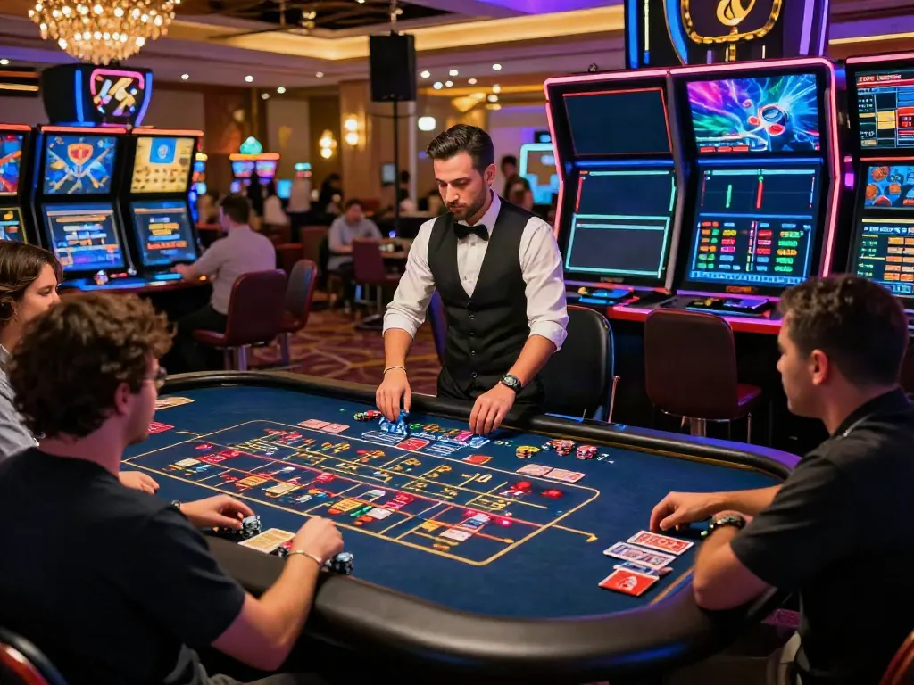 Exciting live online casino atmosphere at https://ku88vt.com/ featuring a dealer and players engaged in dynamic gameplay.