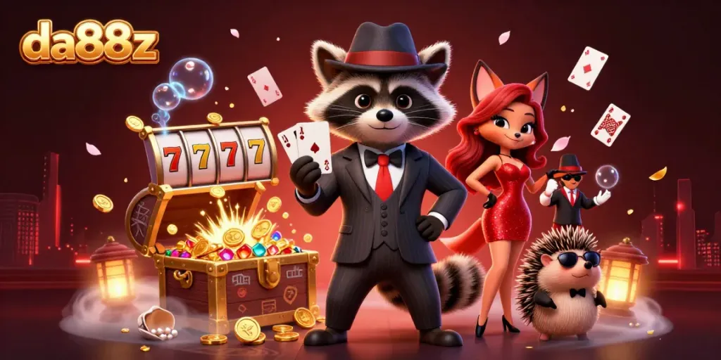 Play with da88z at a vibrant cartoon casino scene featuring unique characters and slot game elements.