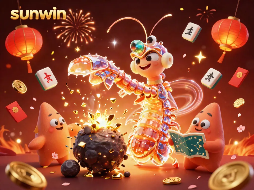 Experience exciting gameplay with sunwin, featuring vibrant 3D mantis shrimp and treasures from an epic celestial battle.