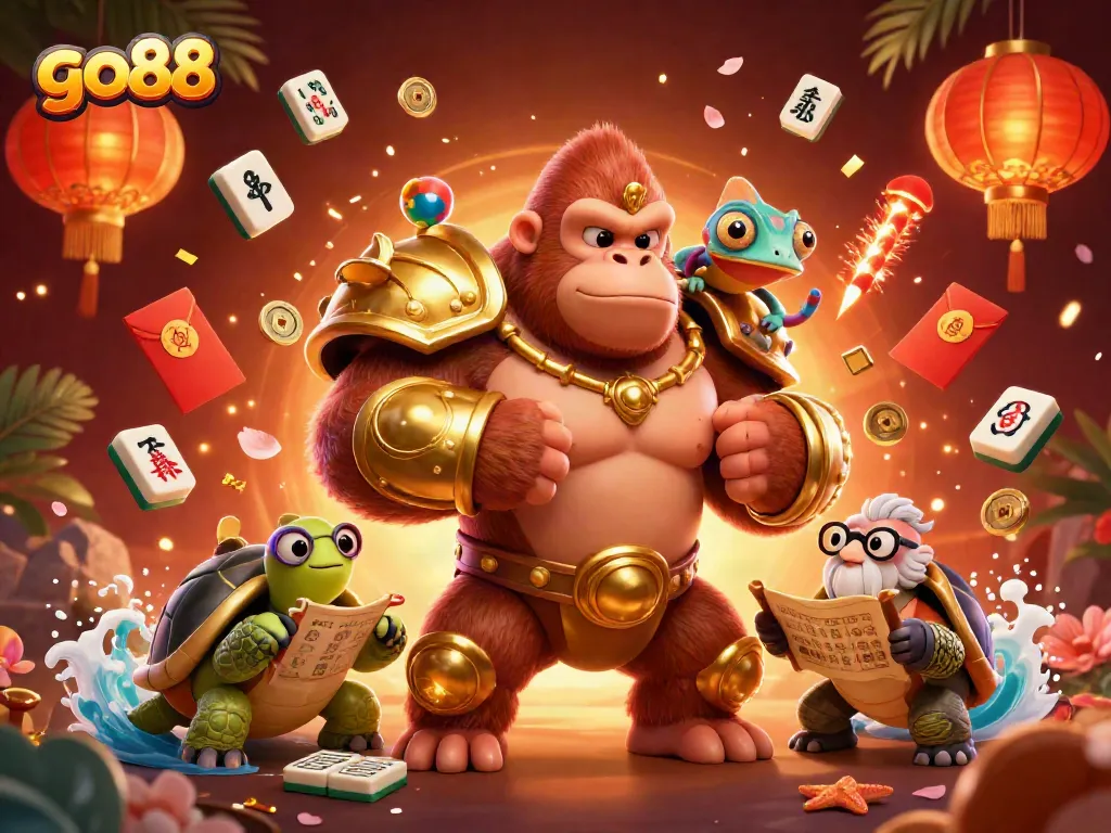 Engage with go88 in a vibrant 3D casino scene featuring a gorilla king and vibrant game elements.