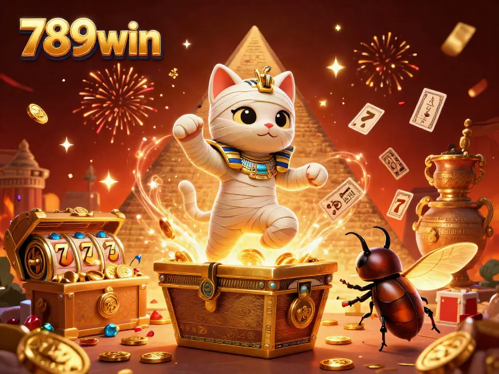 Immerse in the vibrant world of 789win with an Egyptian mummy cat bursting from a casino sarcophagus, surrounded by gold and slot elements.