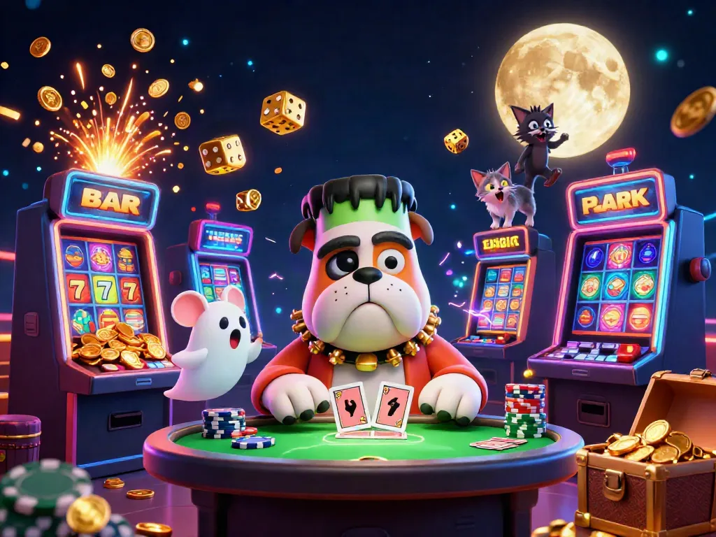 Play cards and win at winvn with a cartoon Frankenstein bulldog and vibrant casino elements.