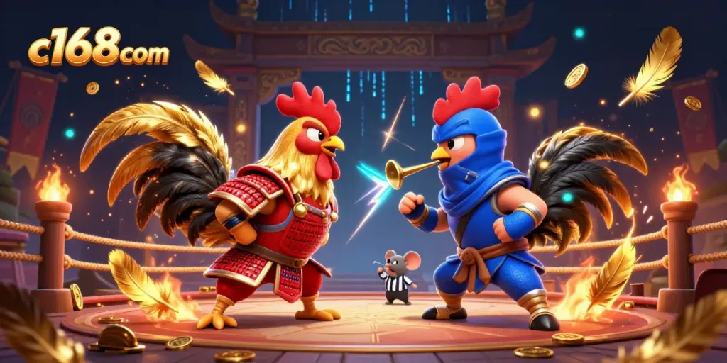 Engage with c168com's thrilling cockfighting scene featuring dramatic roosters and dynamic gold elements.
