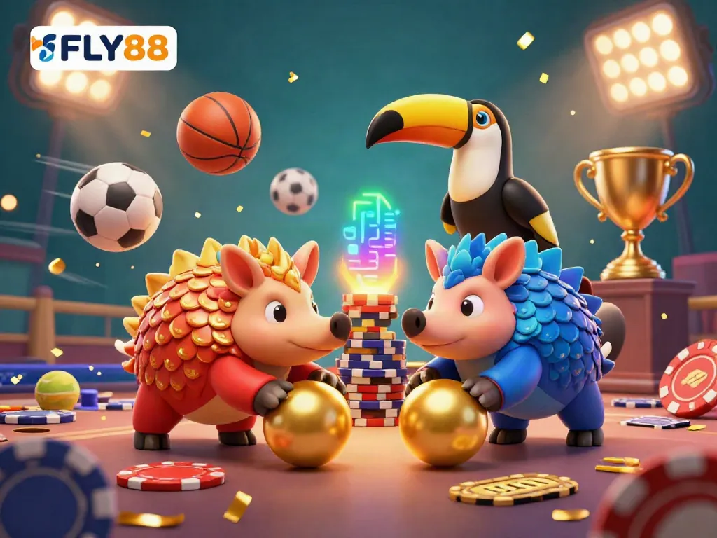 FLY88 pangolins in an exciting gambling competition rolling golden balls and bowling poker chips.