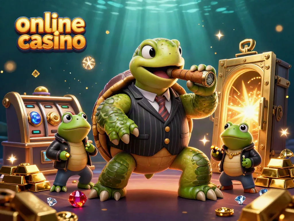Engage in thrilling gameplay at an online casino featuring a cartoon turtle and bullfrogs surrounded by treasure.