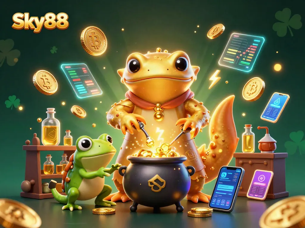 Sky88 showcases a vibrant scene with gold coins and alchemical characters in a dynamic casino themed design.
