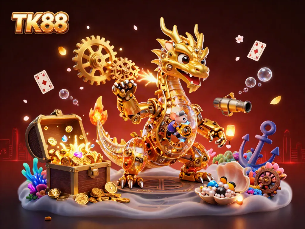 Experience thrilling gaming at TK88 with a vibrant casino scene of a dragon and treasures.