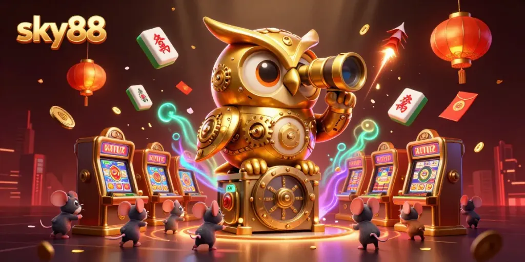 Engage with sky88's vibrant casino scene featuring a golden owl overseeing thrilling gaming action.