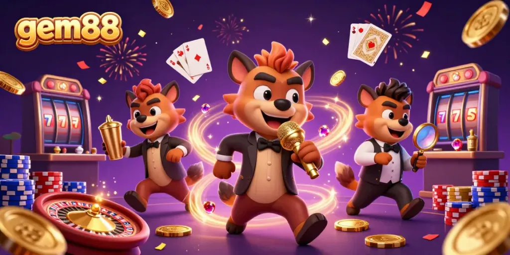 Experience thrilling gaming action at gem88 with vibrant casino scenes and characters in an entertaining setting.