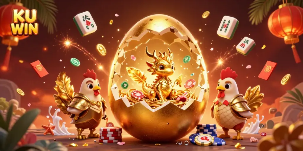 Experience the thrilling KU WIN atmosphere with a golden egg, dragon, and poker chips in a vibrant casino setting.