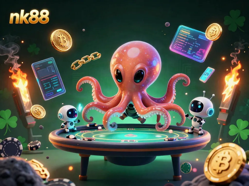 Experience the excitement of nk88 with a vibrant 3D scene featuring an alien octopus managing a poker game.