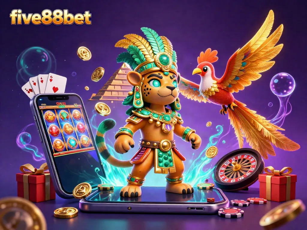 Experience vibrant gaming with five88bet as a Mayan jaguar priest and quetzal bird are surrounded by casino elements.