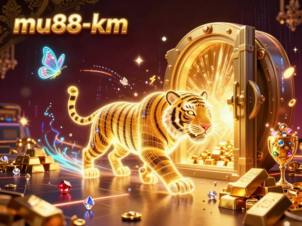 Experience the excitement at mu88-km with vibrant golden treasures and a mystical golden tiger.