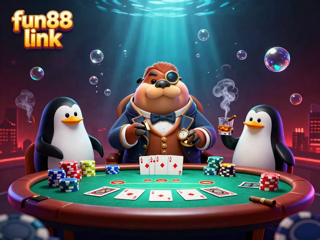 Experience the lively fun88 link scene at an underwater poker table with a jolly walrus and friends.