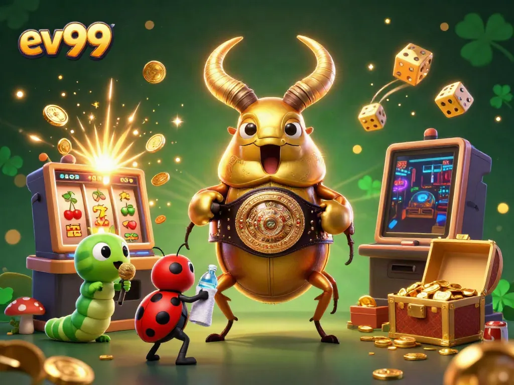 Experience the excitement of ev99 with a vibrant 3D casino scene featuring dynamic gaming elements and colorful characters.