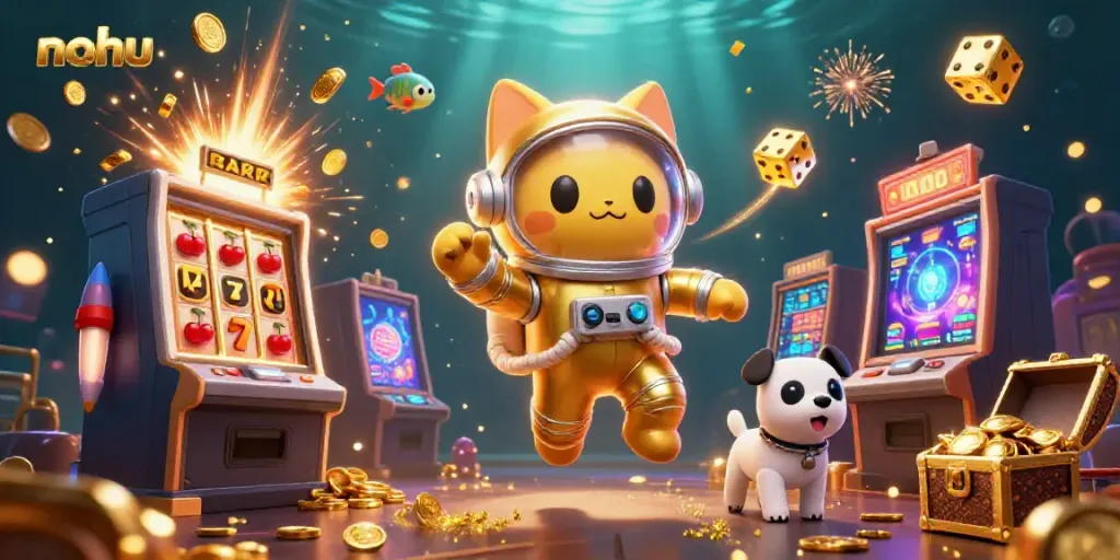NoHu gaming adventure with a cartoon astronaut cat and robot dog amidst casino jackpots.