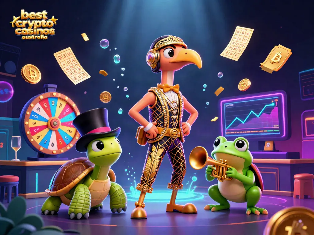 Experience the excitement at the best crypto casinos Australia with vibrant characters and crypto symbols.