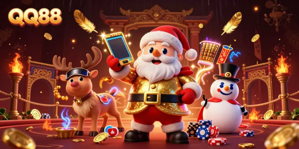 Engage with QQ88’s vibrant casino scene featuring a festive Santa, reindeer dealer, and poker chip snowman amidst dynamic game elements.