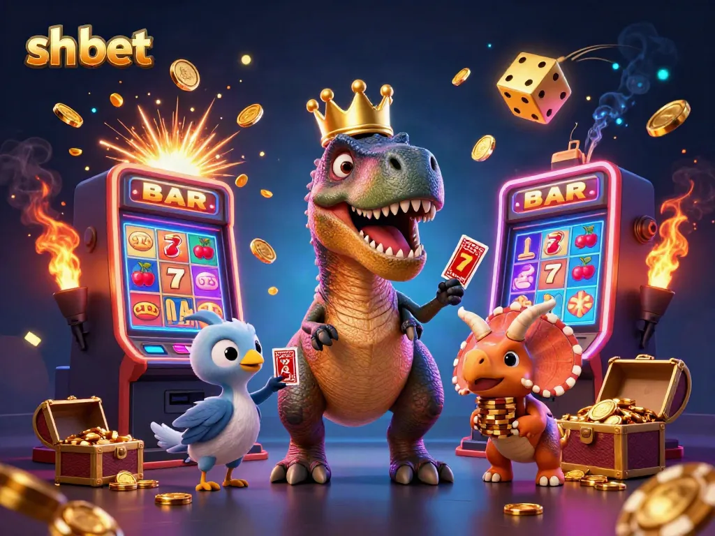 Experience sh bet excitement with a whimsical T-Rex shuffling cards and friends amidst vibrant casino chaos.