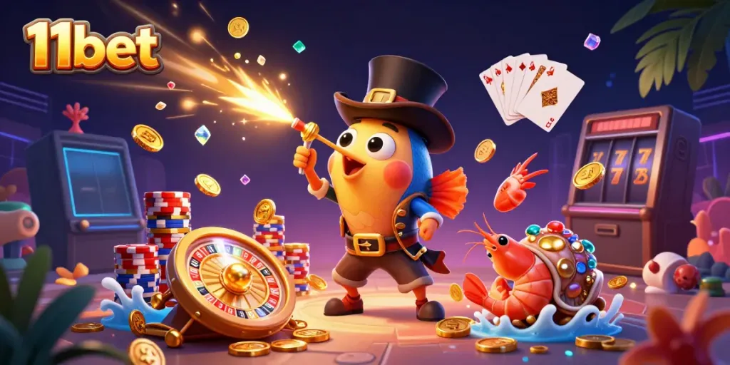 Engage in the vibrant world of 11bet with anglerfish and treasure characters in a 3D casino-themed illustration.