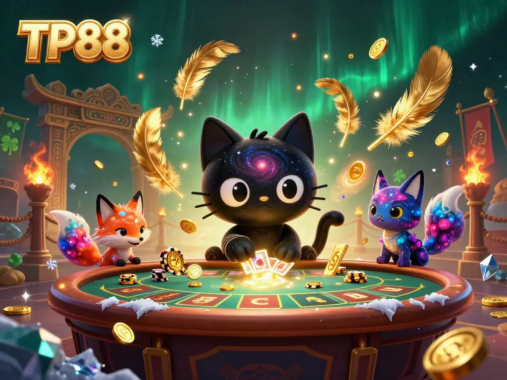 Experience the magic of TP88 as the black hole cat draws in golden chips at a cosmic casino.