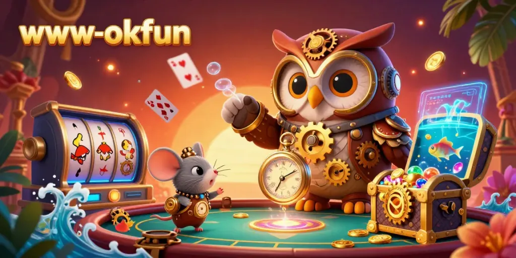 Engage in winning strategies with www-okfun in this vibrant casino scene featuring an owl and dynamic game elements.