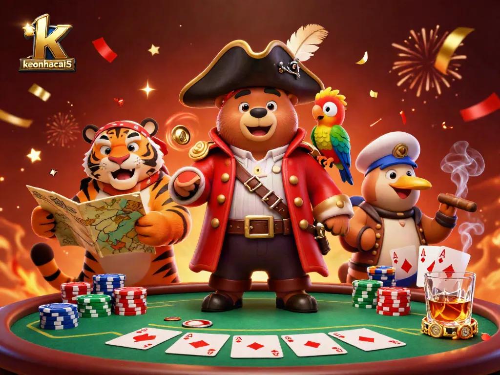 Experience keonhacai5 with a thrilling poker scene featuring a pirate bear, tiger, and colorful chips.