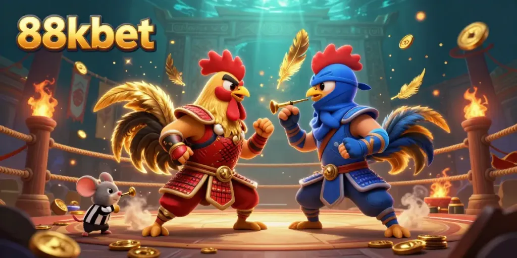 Engage in thrilling action with 88kbet as roosters battle in a vibrant casino arena.